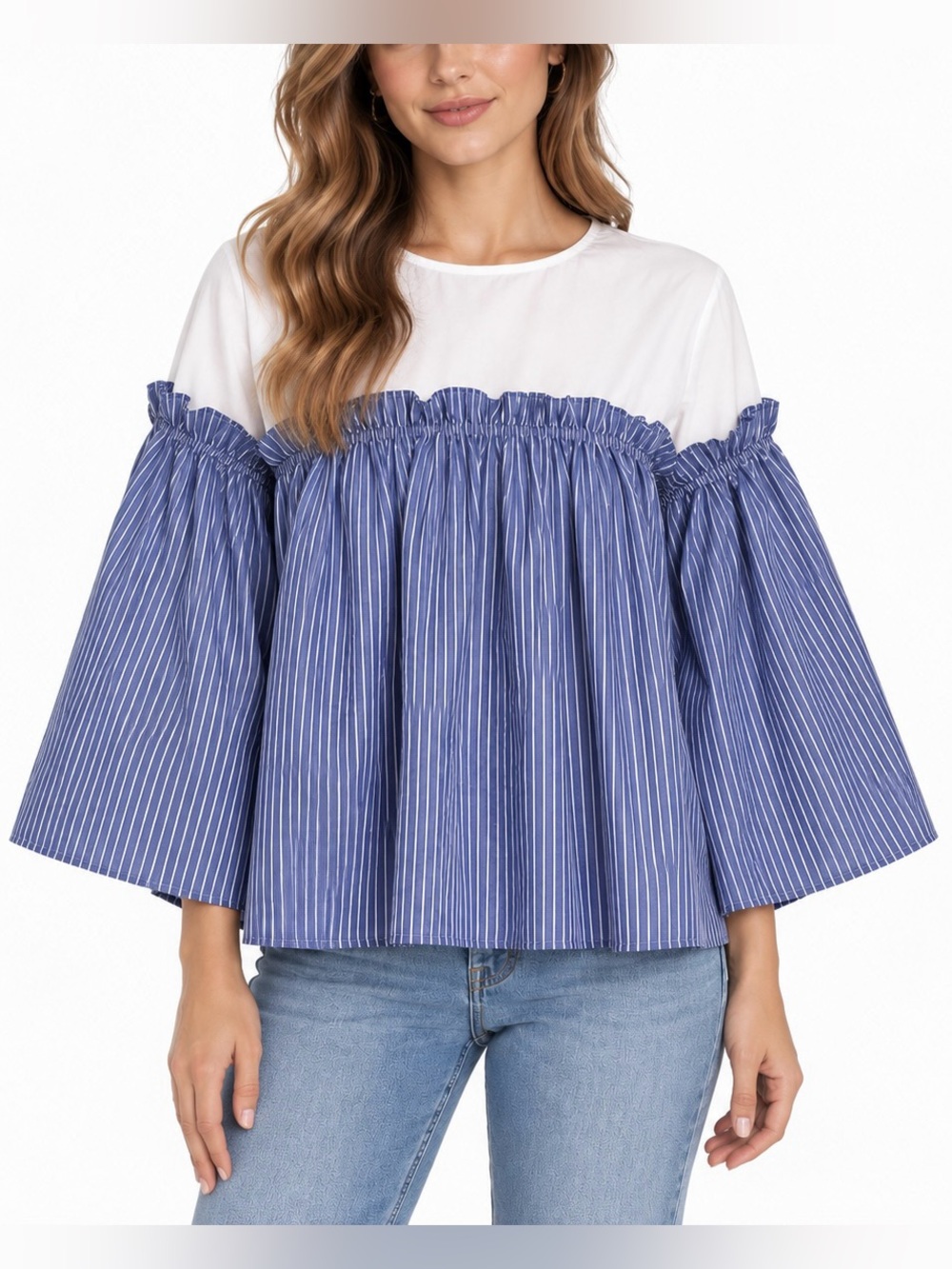 Topshop Blue White Stripe Ruffle Smock Blouse Bell Sleeve Size 6 Cotton